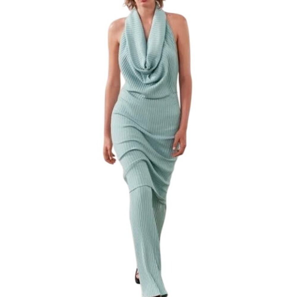 NWT: Zara Mint Green Ribbed Knit Cowl Neck Open Back Minimalist Dress Size: M